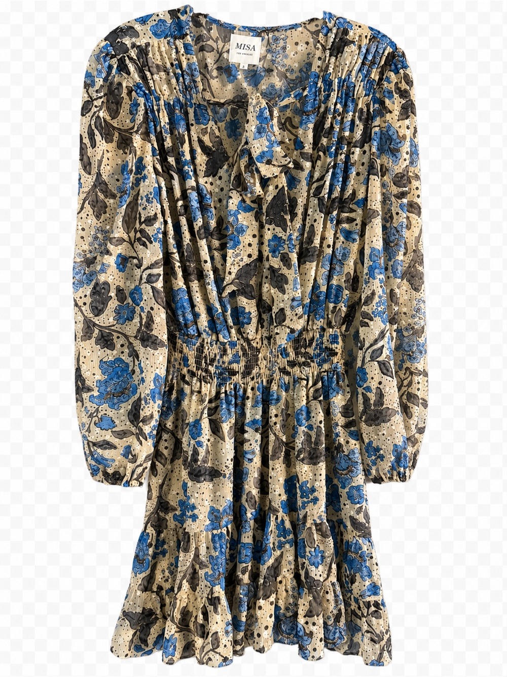 MISA Los Angeles Floral Chiffon Smocked Waist Tie Neck Dress L